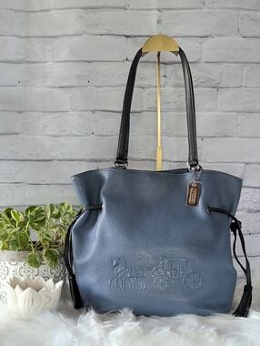 Coach Blue Pebbled Leather Tote with Black Straps